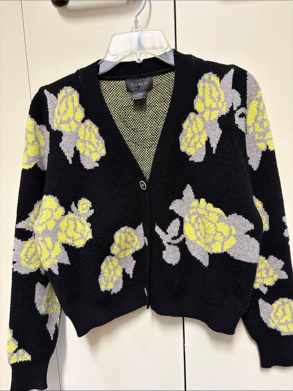 Gracia Black Cardigan with Yellow and Gray Floral Pattern